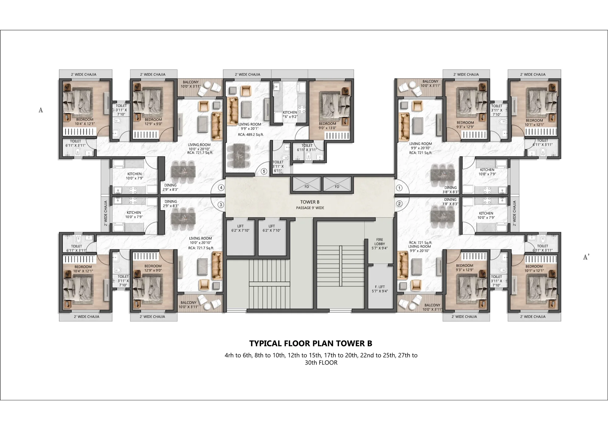 Typical floor plate for Tower B at Shelar Supremus, showing five homes numbered 1 to 5 around a central passage, two lifts, a fire lift, a fire lobby and two staircases
