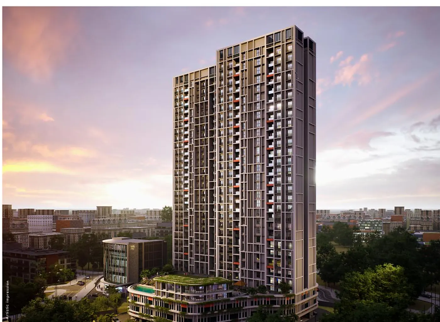 Artistic impression of the Shelar Supremus towers at dusk